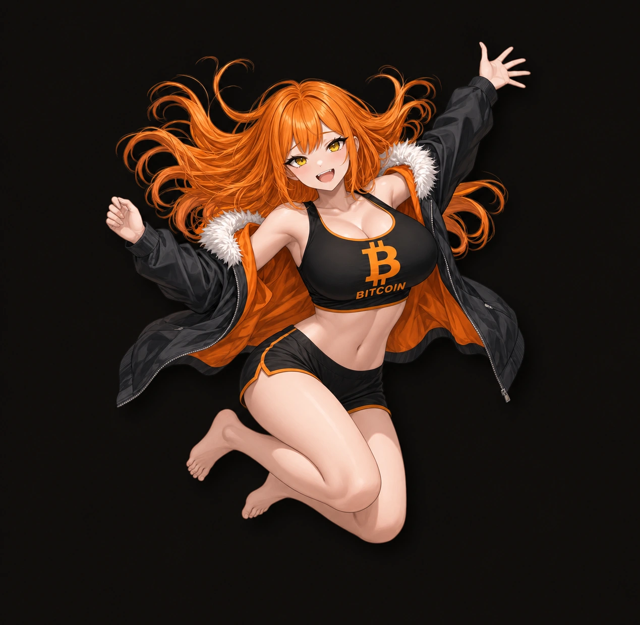 The Big Titty Coin character in mid-jump, with flowing orange hair and her black Bitcoin outfit